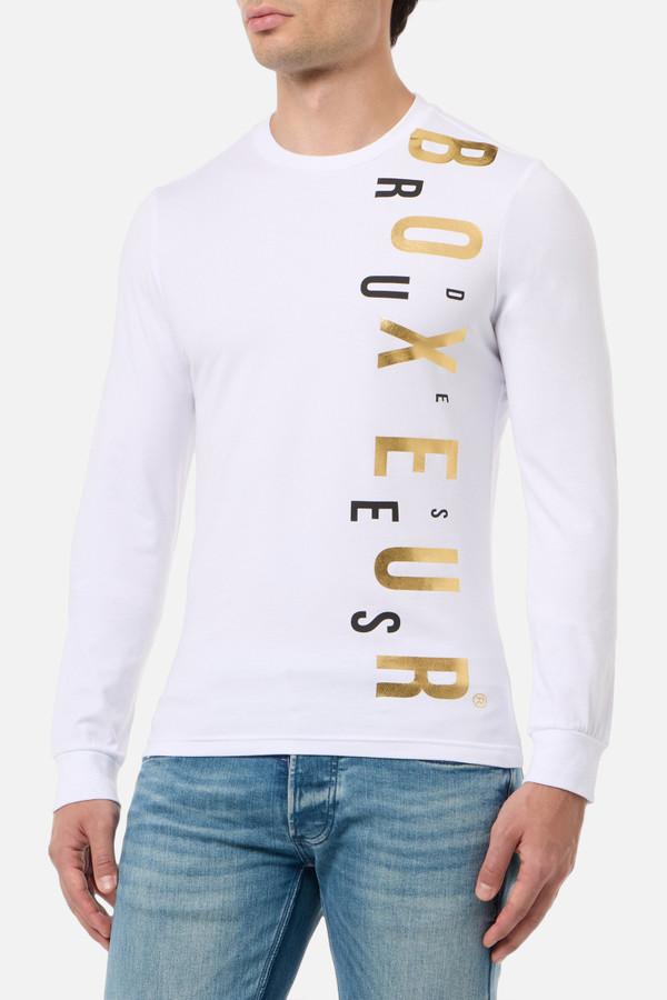 T-Shirt Bianca A Manica Lunga Con Stampe Oro E Nero