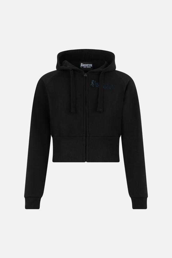 Felpa Strass Nera Con Cappuccio E Zip