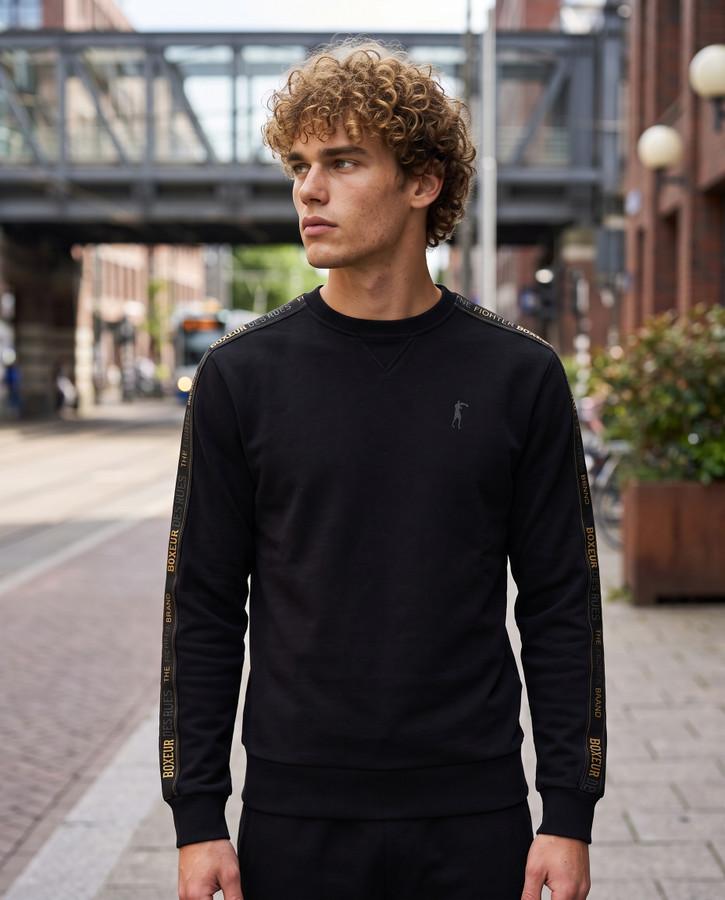 Black Round Neck Sweatshirt With Sleeve Bands Black