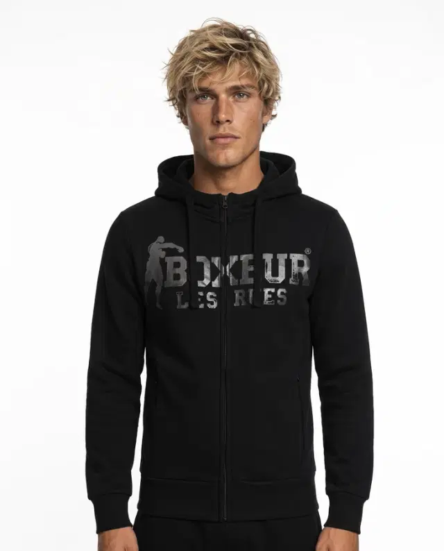 Felpa Logo Nera e Titanio Con Cappuccio E Zip