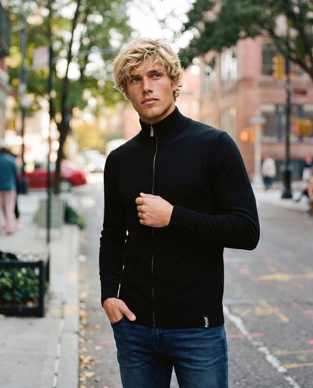 Black Full Zip Man Turtleneck Sweater Black