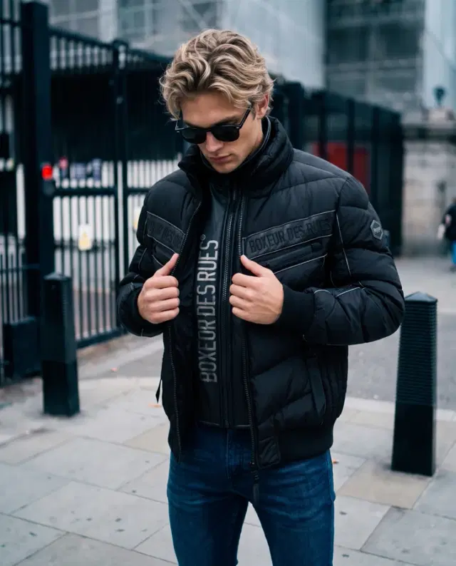 Giacca Imbottita A Collo Alto Con Inserti Logati Black-Black