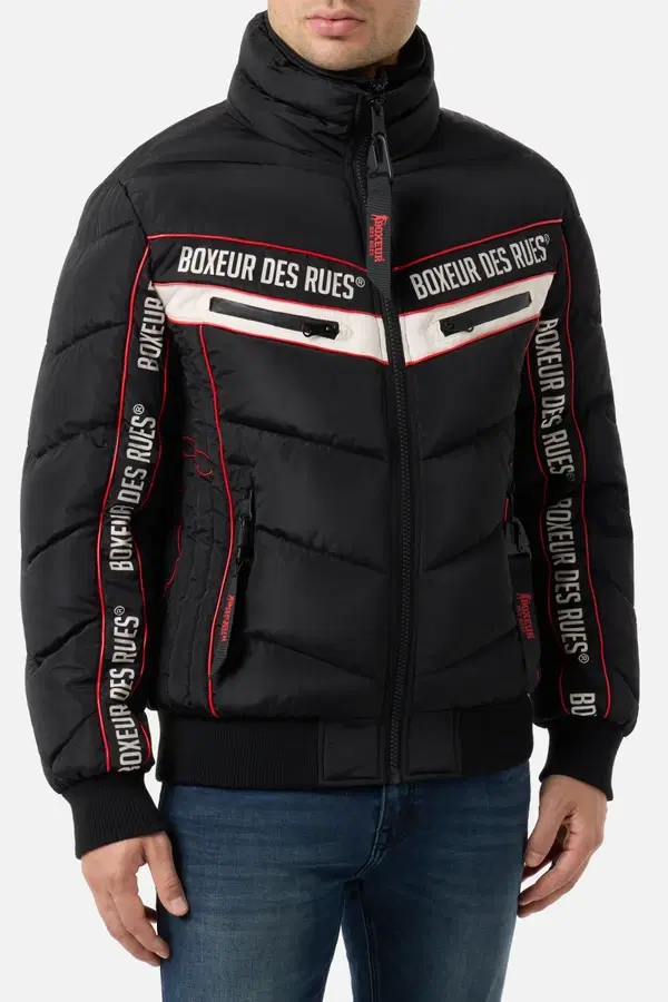 High Neck Padded Jacket With Logoed Inserts Black