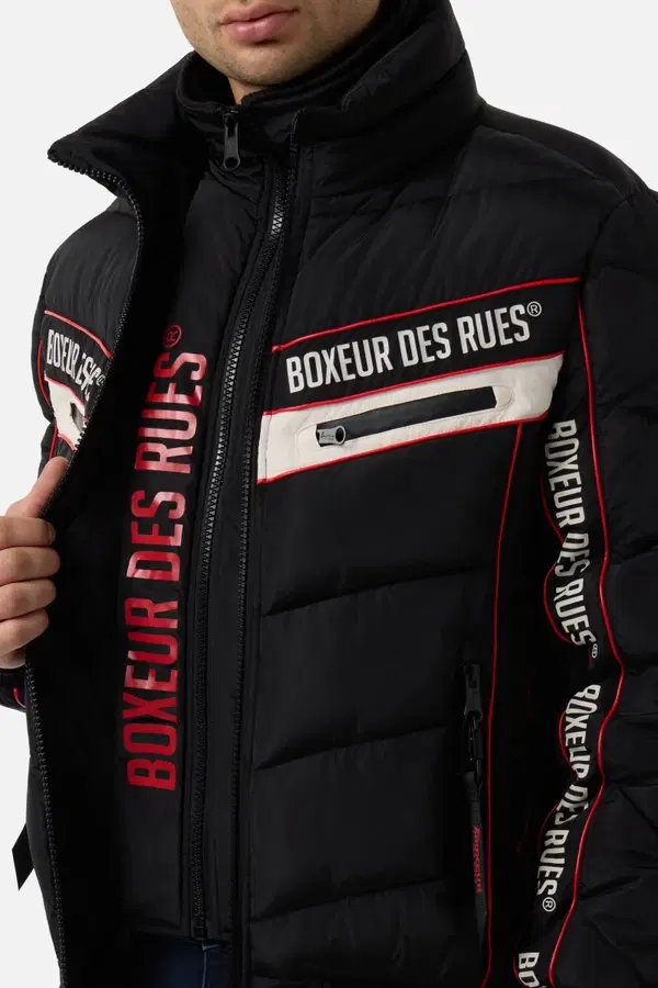 High Neck Padded Jacket With Logoed Inserts Black