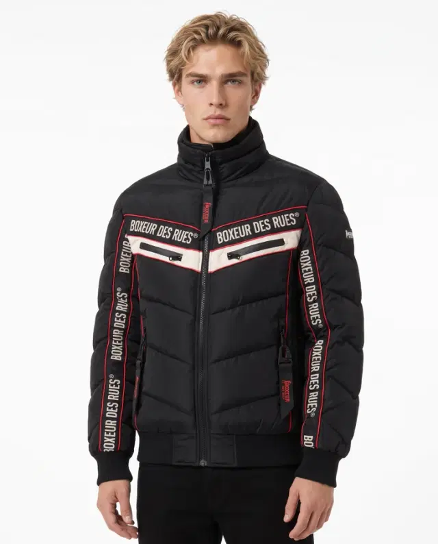 High Neck Padded Jacket With Logoed Inserts Black