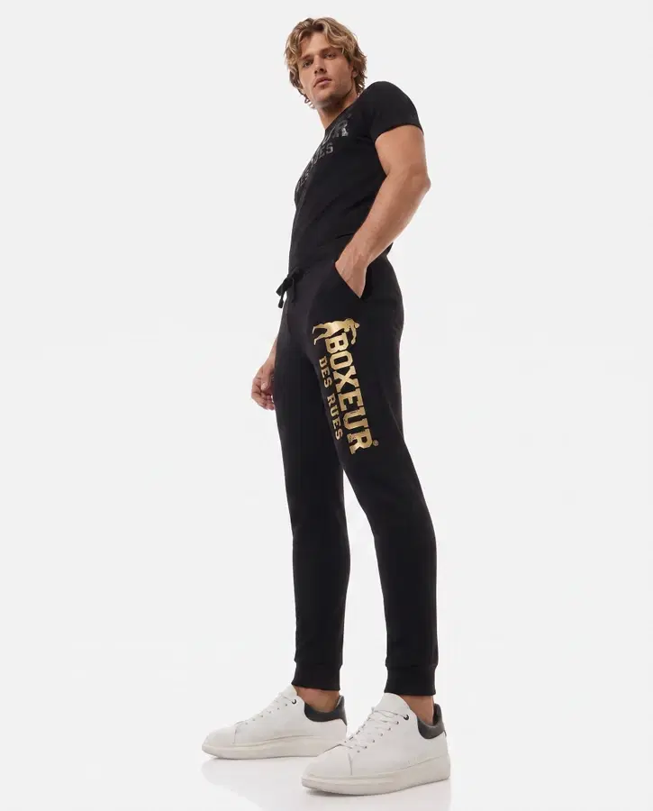 Black Slim Fit Sweatpant With Logo Black-Gold