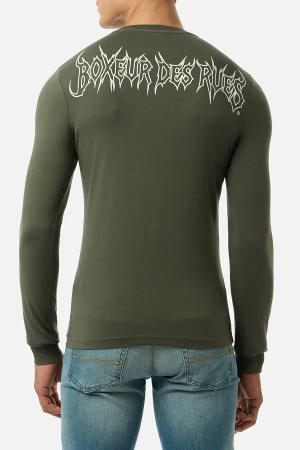 T-Shirt Olive Green A Manica Lunga Con Stampe