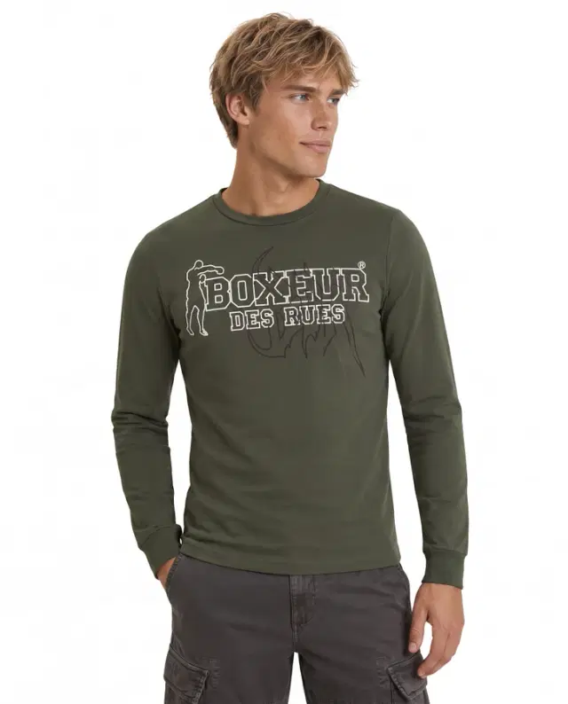 T-Shirt Olive Green A Manica Lunga Con Stampe