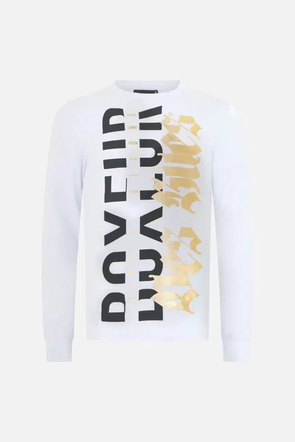 T-Shirt Bianca E Oro A Manica Lunga Con Stampe