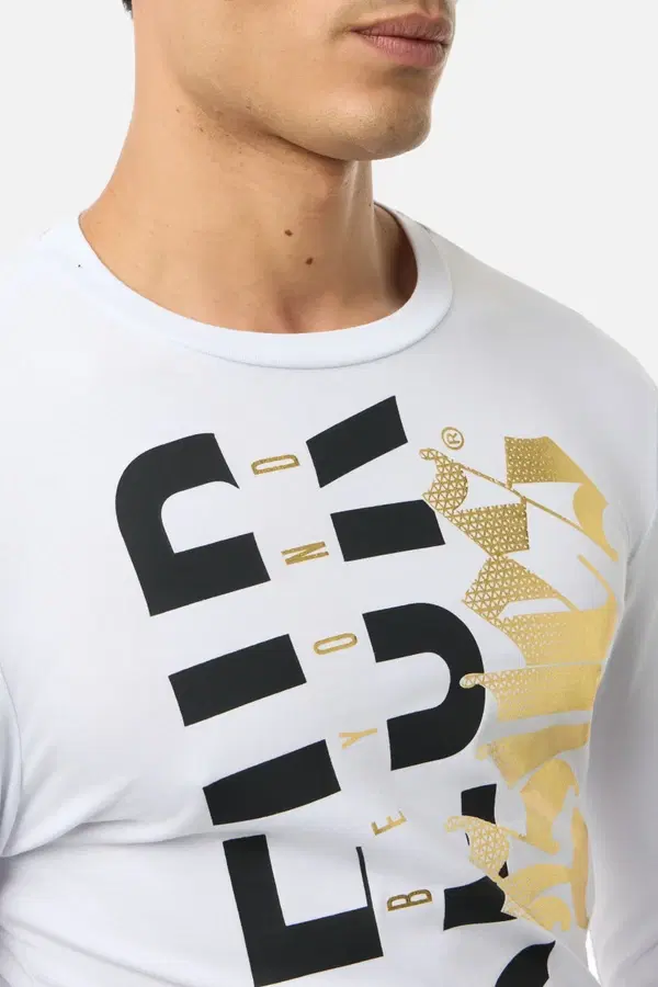 T-Shirt Bianca E Oro A Manica Lunga Con Stampe
