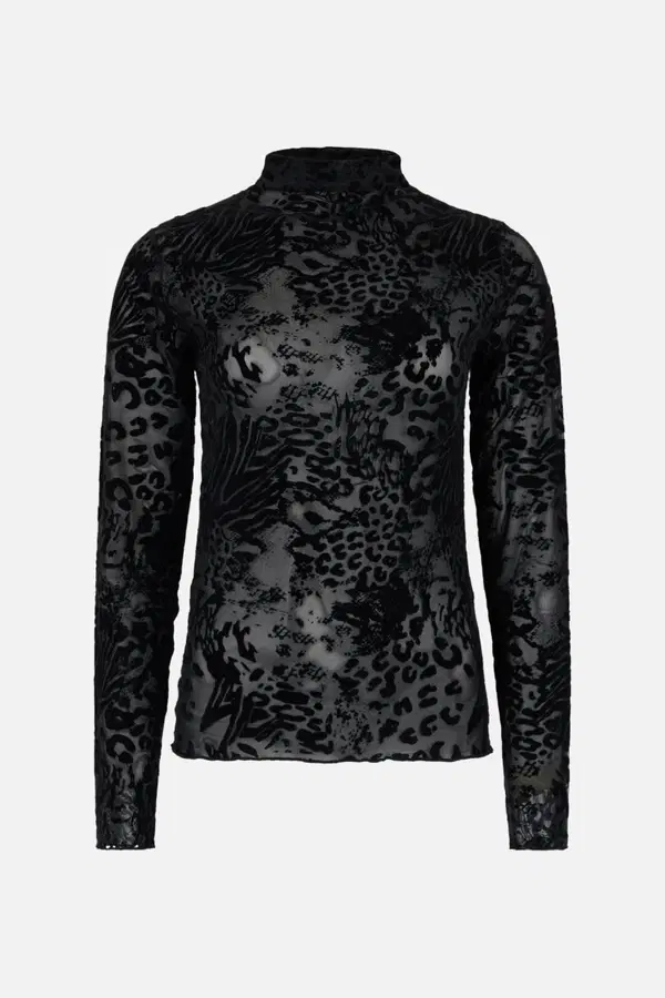 T-Shirt Manica Lunga Nera Trasparente Motivo Animalier
