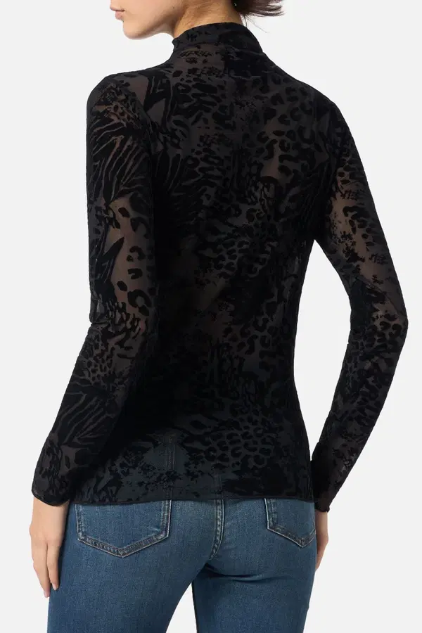T-Shirt Manica Lunga Nera Trasparente Motivo Animalier