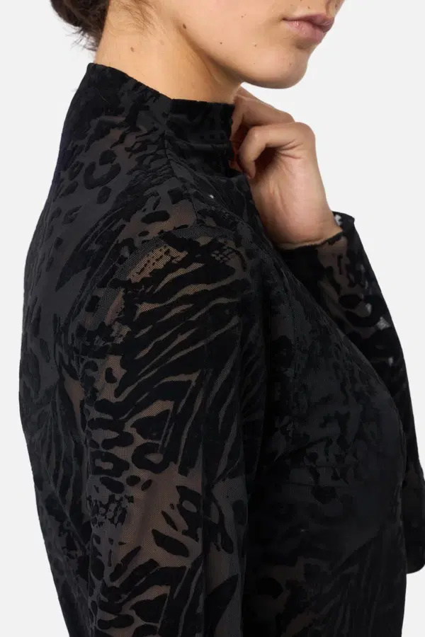 T-Shirt Manica Lunga Nera Trasparente Motivo Animalier