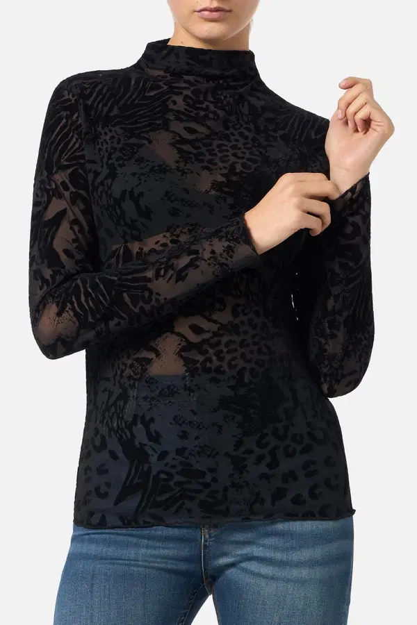 T-Shirt Manica Lunga Nera Trasparente Motivo Animalier