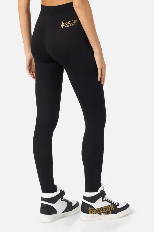 Black Basic Leggings With Front Logo Gold Black-Gold