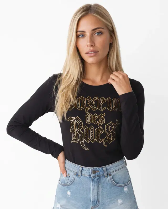 T-Shirt Manica Lunga Graficata Nera E Oro