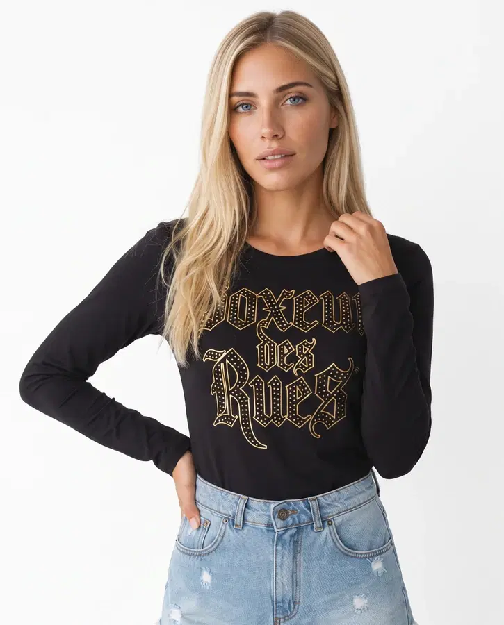 T-Shirt Manica Lunga Graficata Nera E Oro