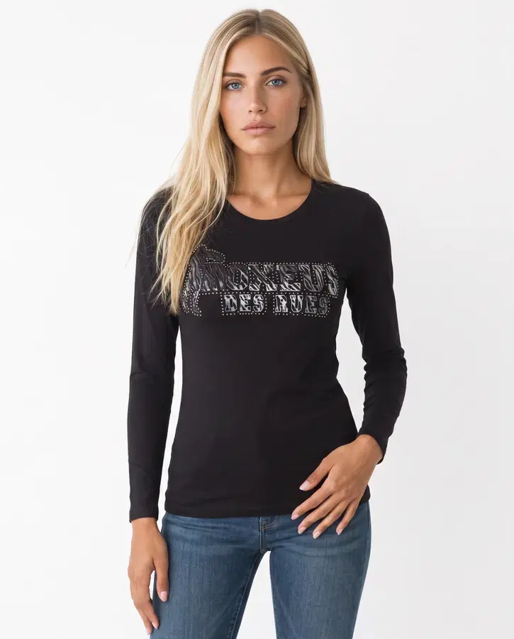 T-Shirt Manica Lunga Graficata Nera E Titanio